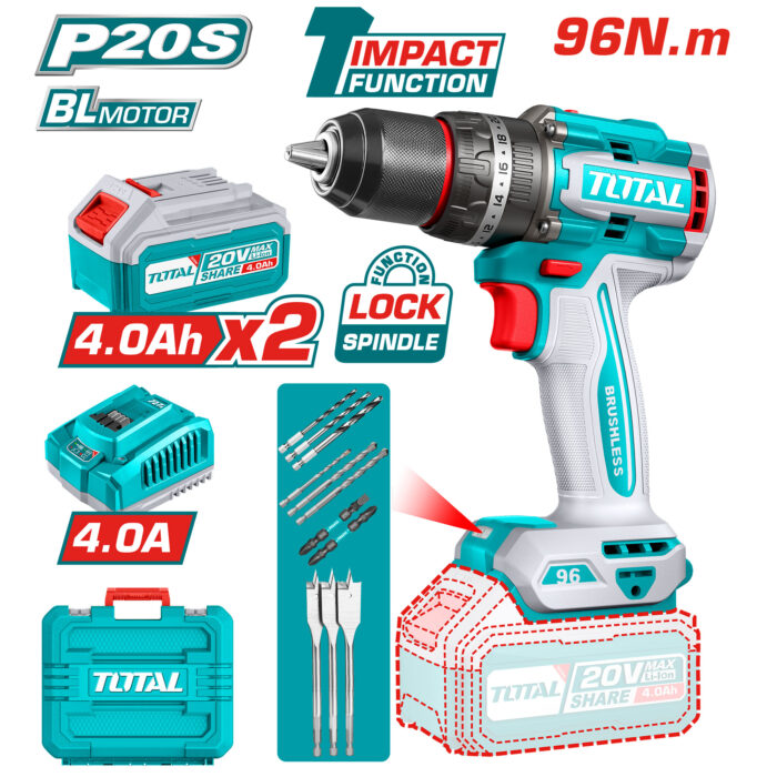 TOTAL BUŠILICA IZVIJAČ AKU. - 20V (2X4,0Ah, PUNJAČ)